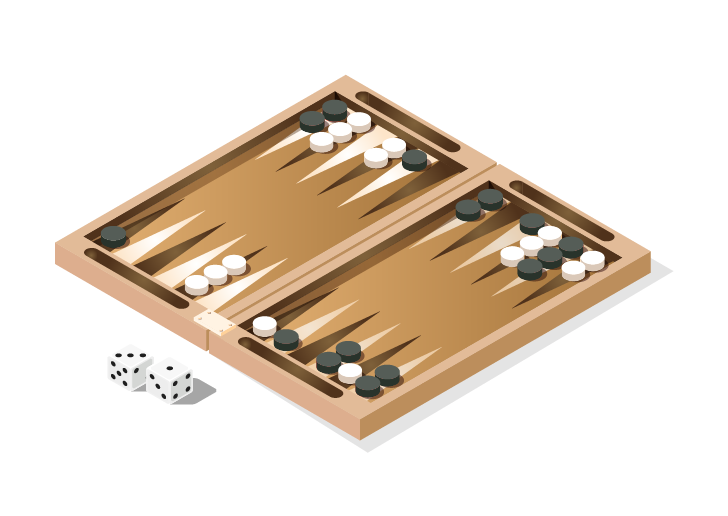 Backgammon game board with pieces arranged for play