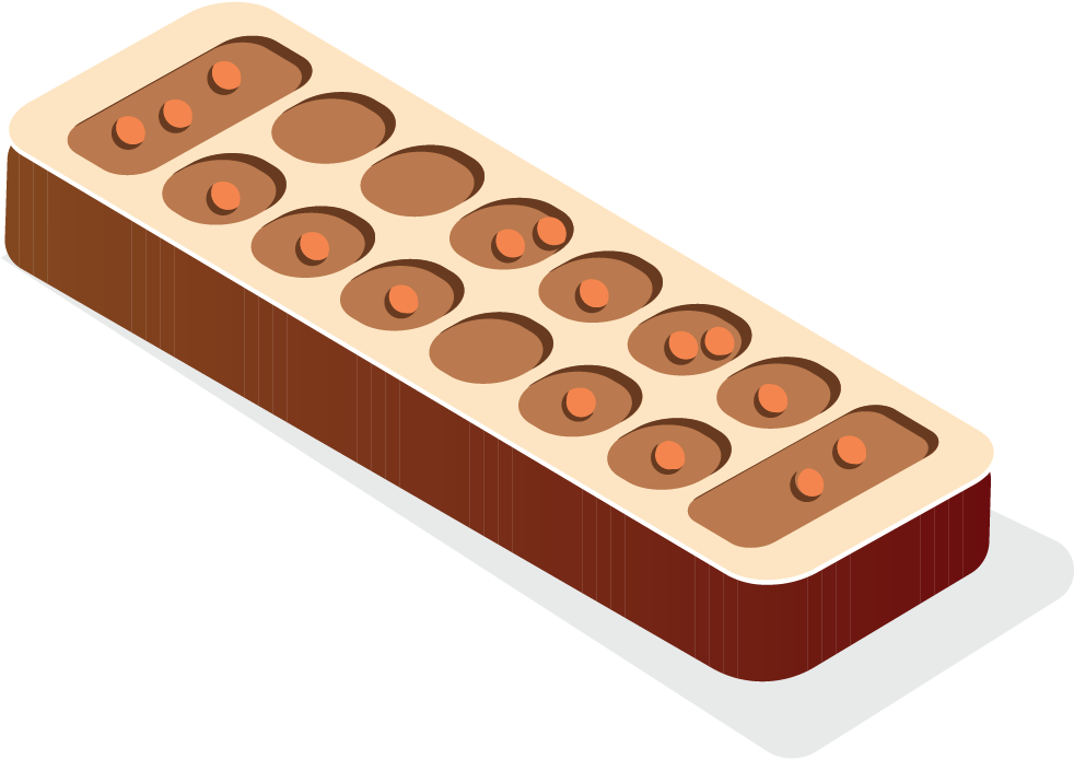 Mancala game board with stones in wooden cups